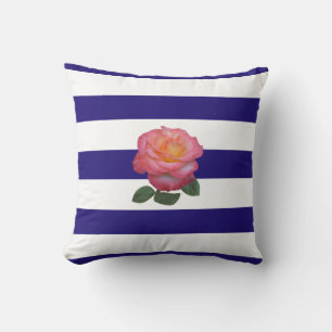 Pink Rose on Navy Blue and White Striped Throw Pil Cushion