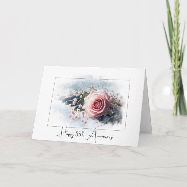 Pink Rose On Piano For 55th Anniversary Card (Front)