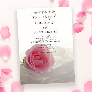 Pink Rose on White Wedding Invitation