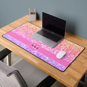 Pink rose orange glitter sparkles Monogram Desk Mat