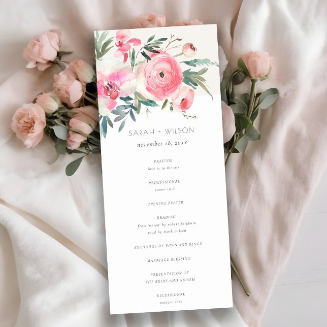 Pink Rose Orchid Watercolor Floral Wedding Program (Creator Uploaded)
