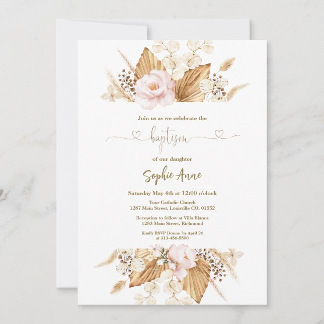 Pink Rose Pampas Grass Palm Calligraphy Baptism Invitation (Front)