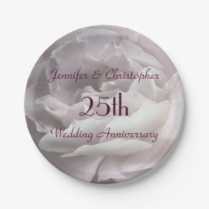 Pink Rose Paper Plates, 25th Wedding Anniversary Plate