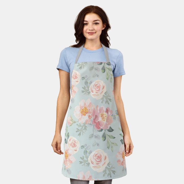 Pink Rose Pastel Garden Pattern Apron (Worn)