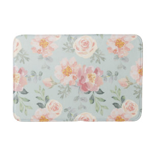 Pink Rose Pastel Garden Pattern Bath Mat