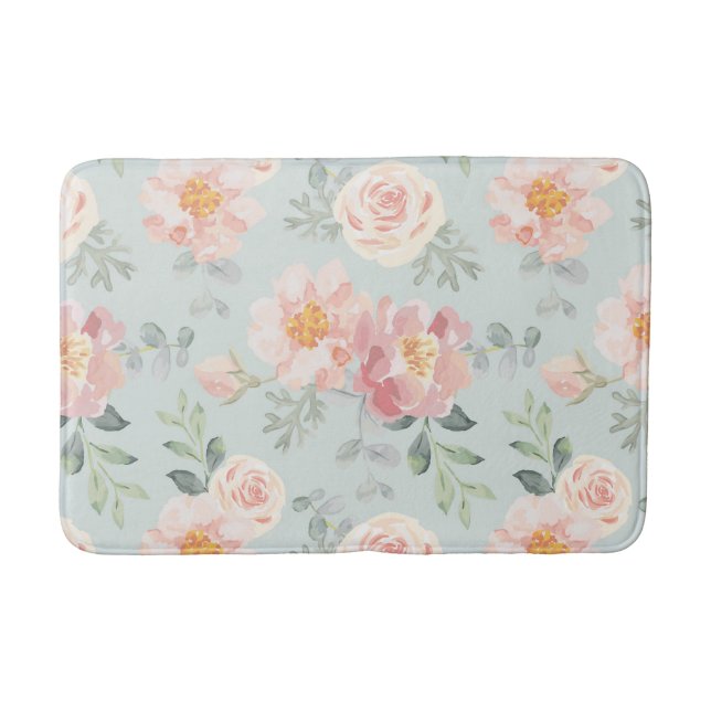 Pink Rose Pastel Garden Pattern Bath Mat (Front)