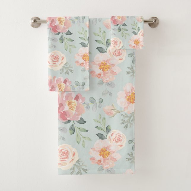 Pink Rose Pastel Garden Pattern Bath Towel Set (Insitu)