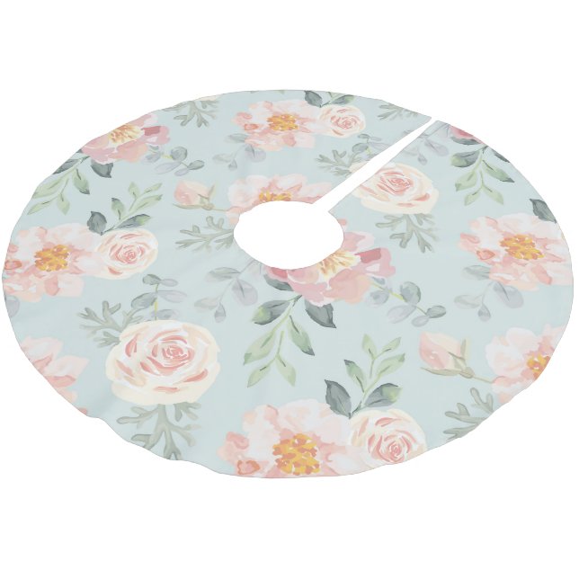 Pink Rose Pastel Garden Pattern Brushed Polyester Tree Skirt (Angled)