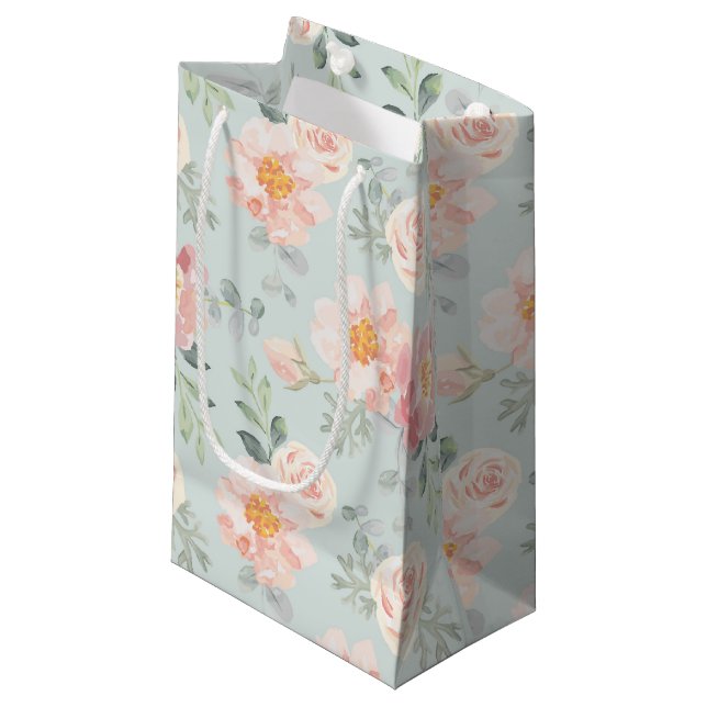 Pink Rose Pastel Garden Pattern Small Gift Bag (Front Angled)