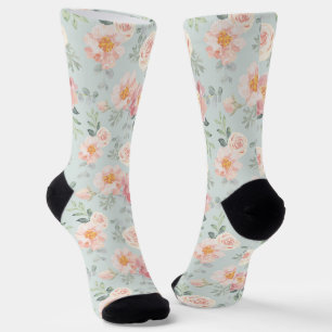 Pink Rose Pastel Garden Pattern Socks