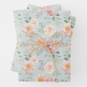 Pink Rose Pastel Garden Pattern Wrapping Paper Sheet