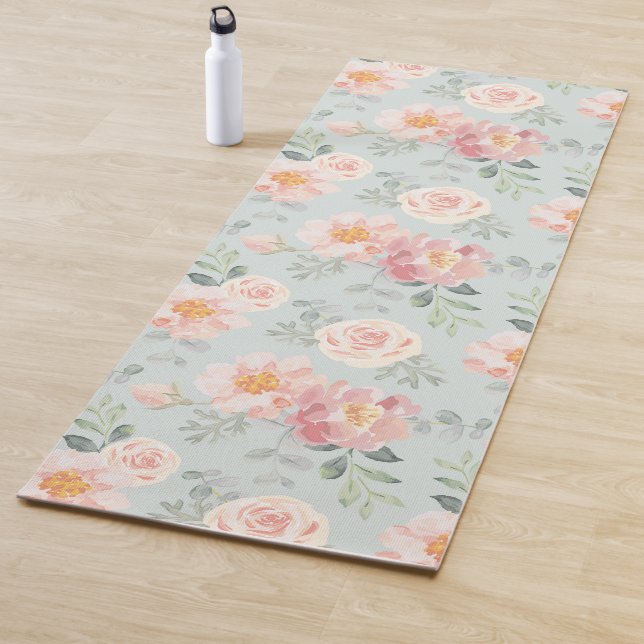 Pink Rose Pastel Garden Pattern Yoga Mat (In Situ)