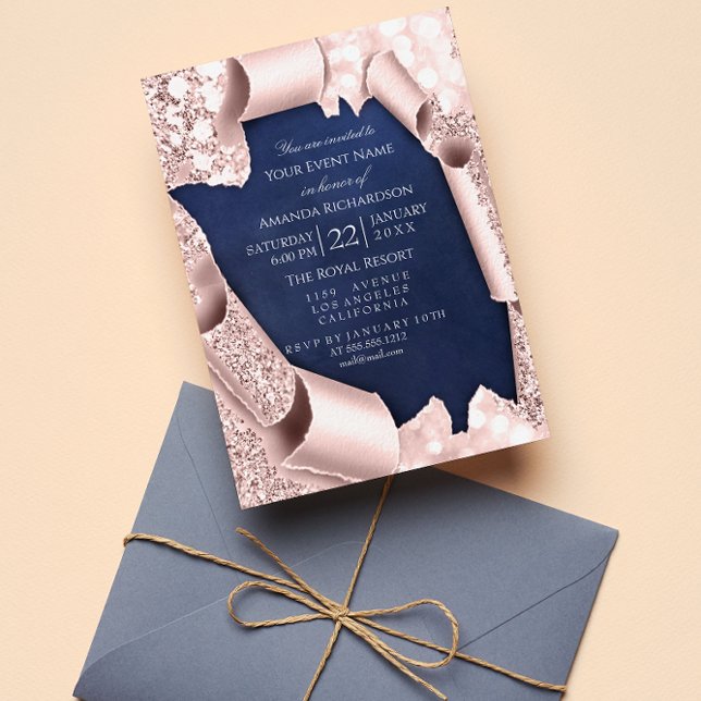Pink Rose Pastel Powder 3D Frame Blue Navy Invitation (Creator Uploaded)