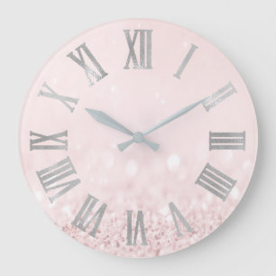 Pink Rose Pastel Powder Glitter Roman Numbers Large Clock