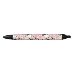 Pink rose pattern black ink pen