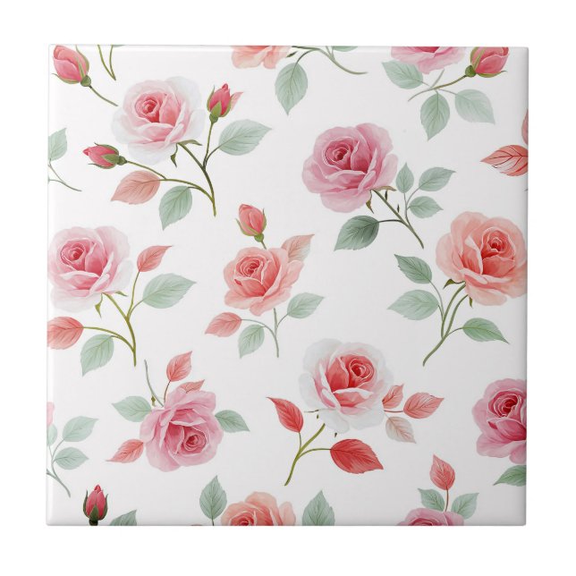 Pink Rose Pattern, soft colour, Ceramic Tile (Front)