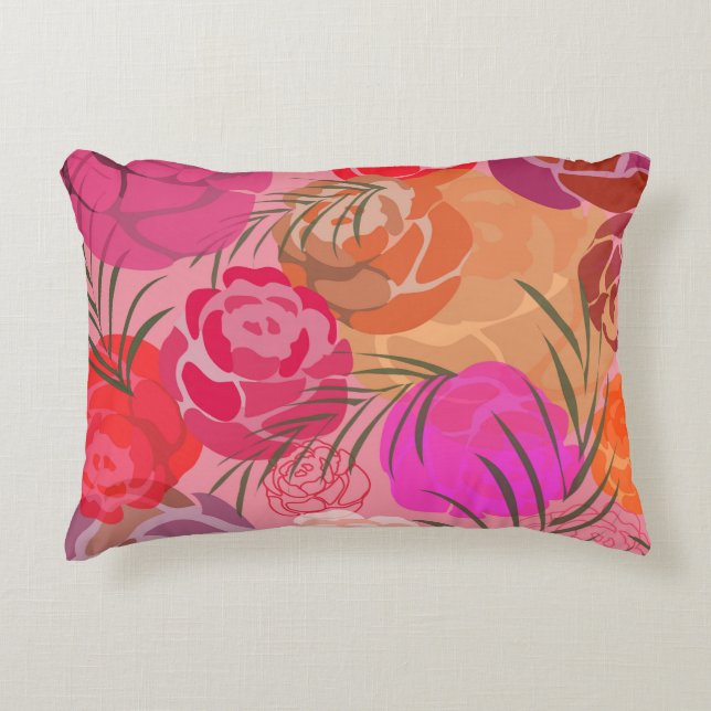 Pink rose pattern with flowers and plants decorative cushion (Front)