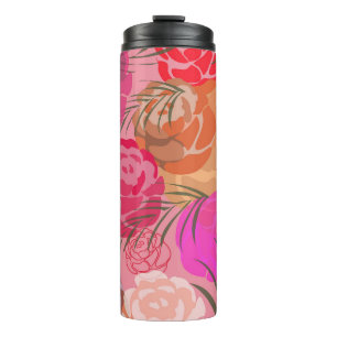 Pink rose pattern with flowers and plants thermal tumbler