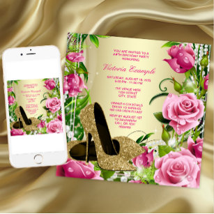 Pink Rose Pearl Gold High Heel Shoe Birthday Party Invitation
