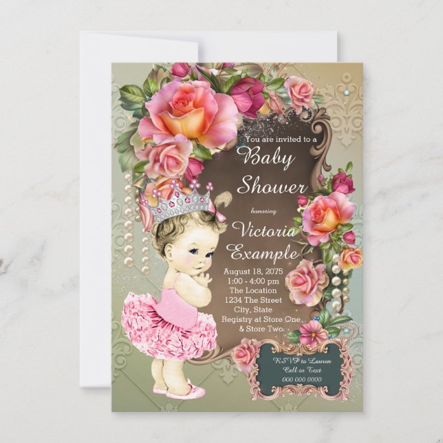 Pink Rose Pearl Tutu Princess Baby Shower Invitation (Front)