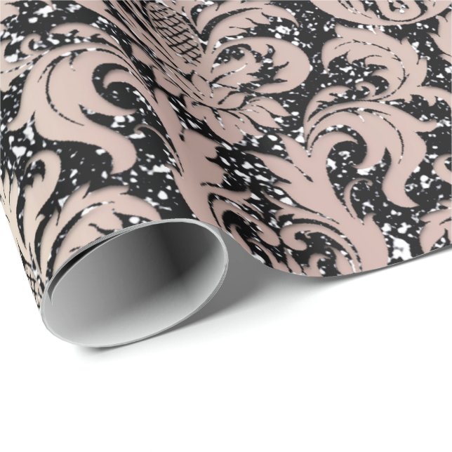 Pink Rose Pearly Metallic Black Damask Glitter Wrapping Paper (Roll Corner)