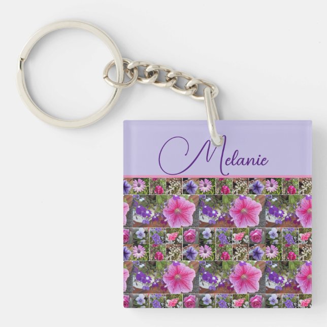 Pink Rose Penunia Daisy Flowers Floral Womans Name Key Ring (Front)