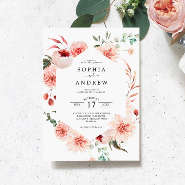 Pink Rose & Peonies Bohemian Wedding Invitation (Creator Uploaded)