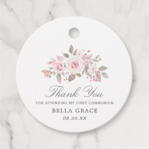 Pink Rose Peony First Communion Thank You Favour Tags