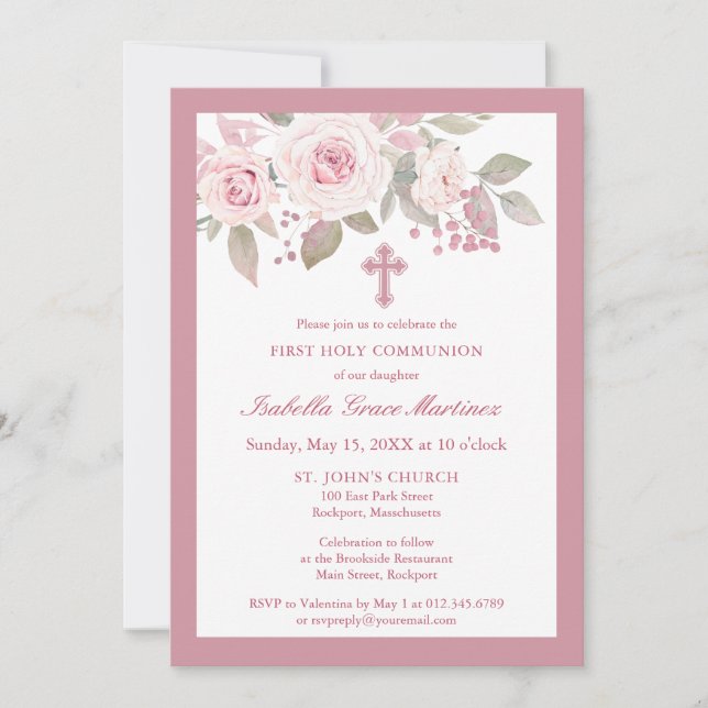 Pink Rose Peony Floral First Holy Communion Invitation (Front)