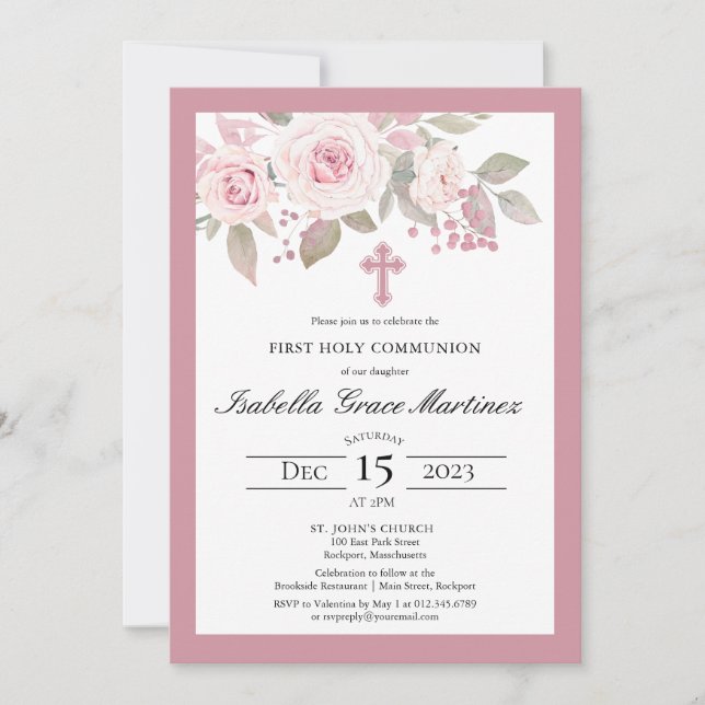 Pink Rose Peony Floral First Holy Communion Invitation (Front)