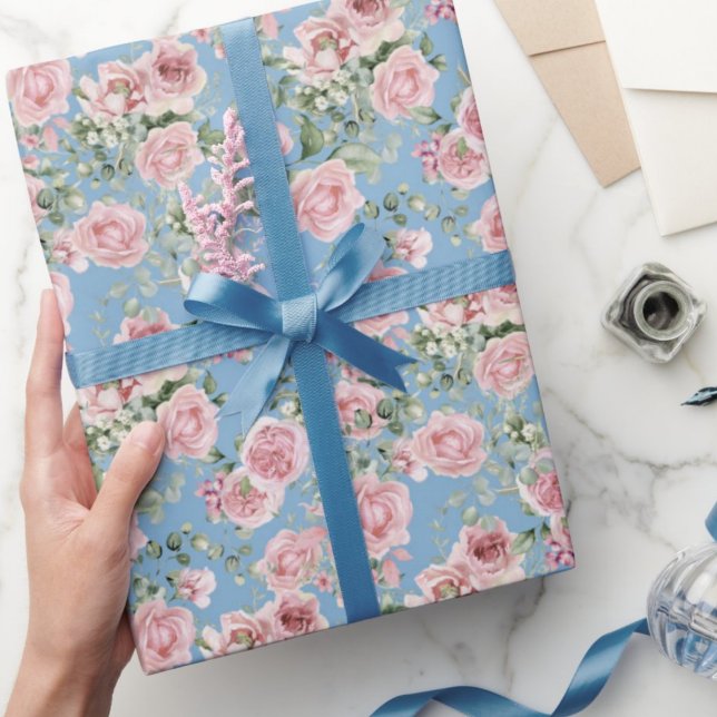 Pink Rose Peony Flowers on Blue Wrapping Paper (Creator Uploaded)