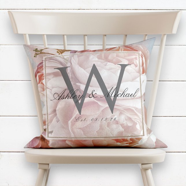 Pink Rose Peony Script Monogram Wedding Keepsake Cushion (Creator Uploaded)