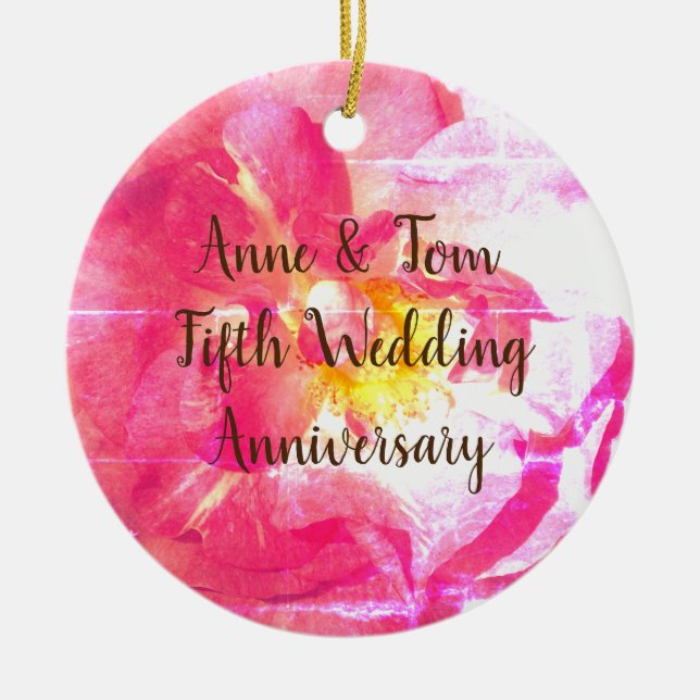 Pink Rose Personalised Anniversary  Ornament (Front)