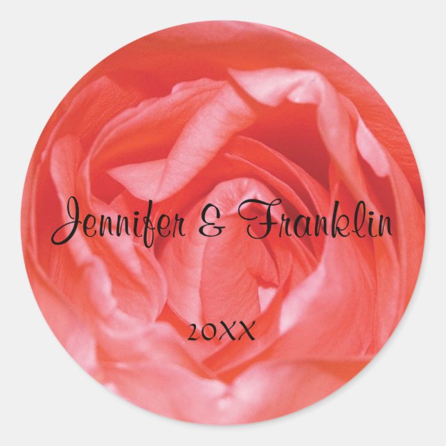 Pink Rose Personalised Round Wedding Sticker (Front)