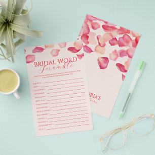 Pink Rose Petals Bridal Shower Word Scramble Game Flyer