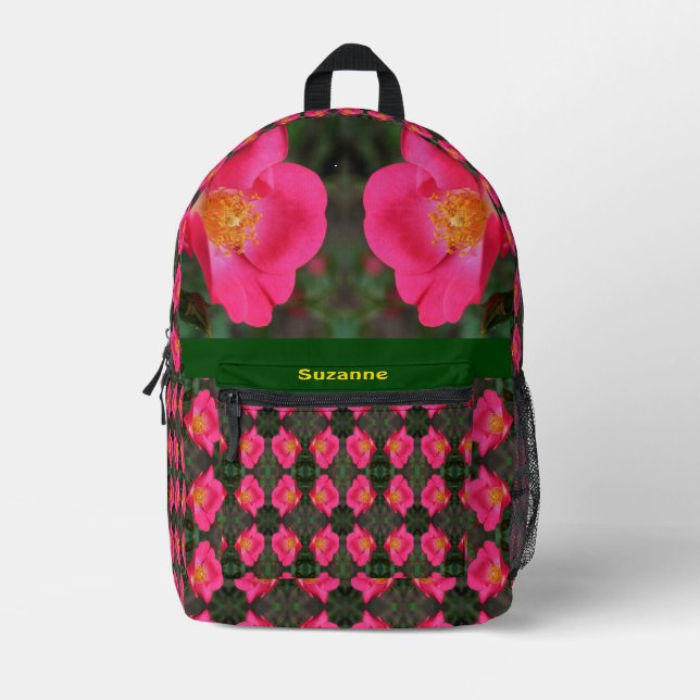 Pink Rose Petals Floral Personalised Printed Backpack (Front)