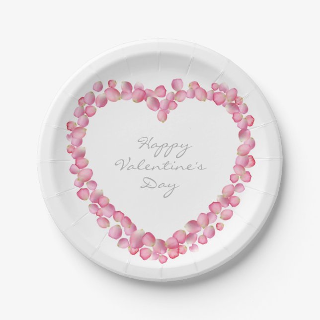 Pink rose petals heart custom paper plates (Front)