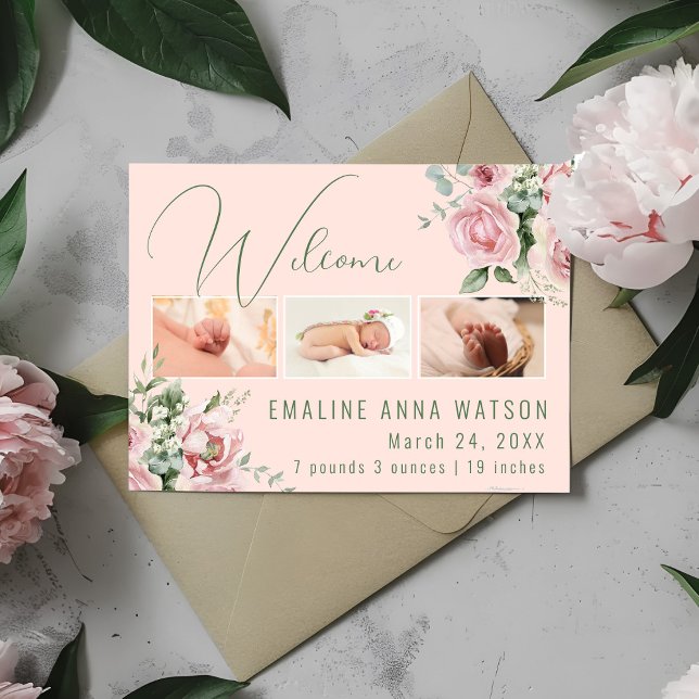 Pink Rose Photo Baby Girl Announcement Postcard (Baby Girl photo watercolor floral baby girl birth announcement)
