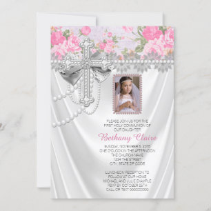Pink Rose Photo First Communion White Satin Invitation