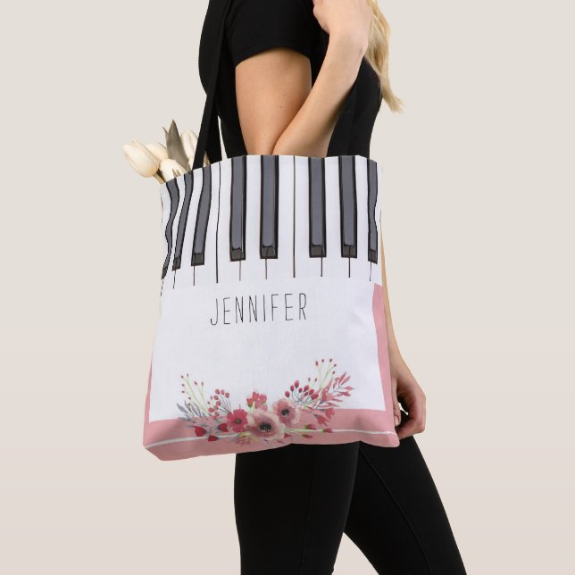 Pink Rose Piano Music Tote Bags (Close Up)