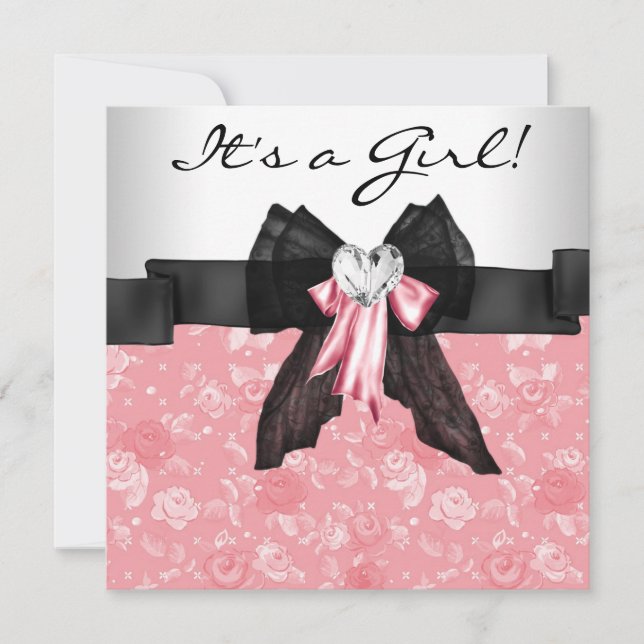 Pink Rose Pink Black Baby Girl Shower Invitation (Front)