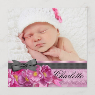 Pink Rose Pink Black Photo Birth Announcements