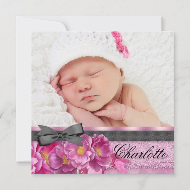 Pink Rose Pink Black Photo Birth Announcements (Front)