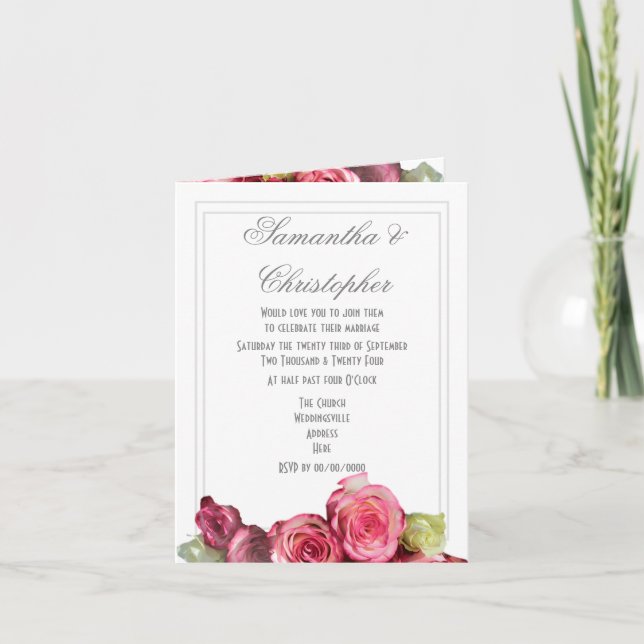Pink rose plain simple floral wedding invitation (Front)