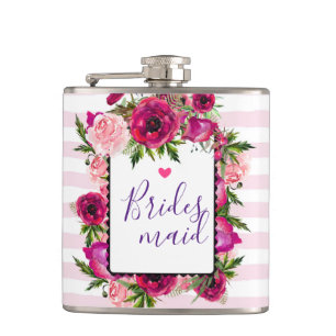 Pink Rose & Poppy Floral Bouquet Bridesmaid Hip Flask
