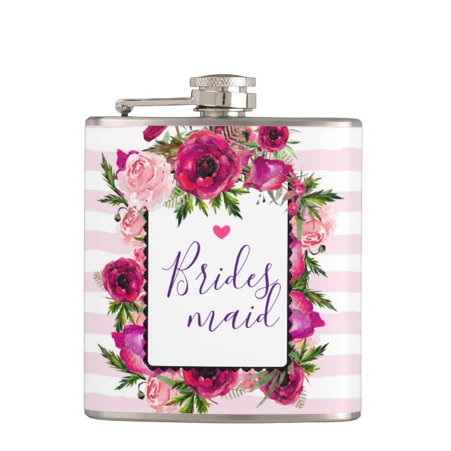 Pink Rose & Poppy Floral Bouquet Bridesmaid Hip Flask (Front)