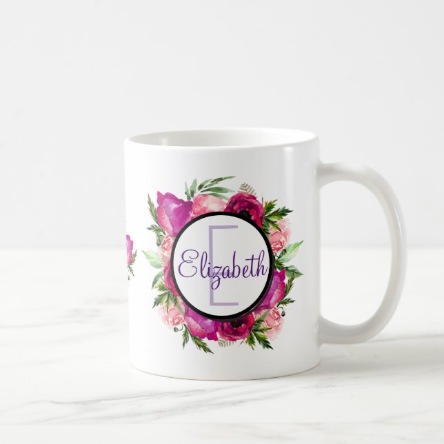 Pink Rose & Poppy Floral Bouquet Monogram Coffee Mug (Right)