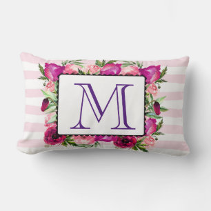 Pink Rose & Poppy Floral Bouquet Monogram Lumbar Cushion