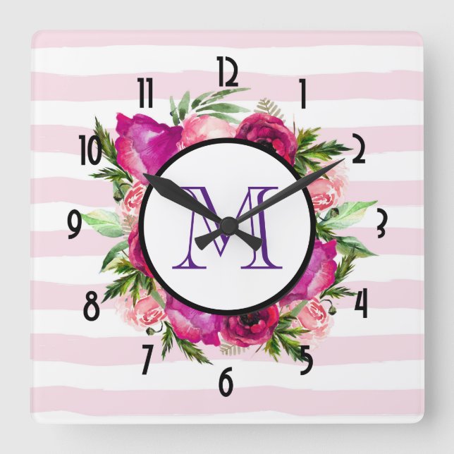 Pink Rose & Poppy Floral Bouquet Monogram Square Wall Clock (Front)