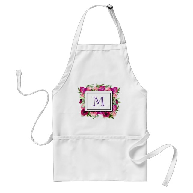 Pink Rose & Poppy Floral Bouquet Monogram Standard Apron (Front)